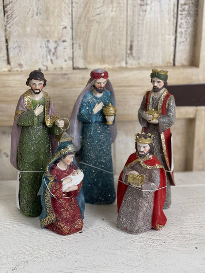 Nativity Scene Figurine Set of 5 with Jewel Tone and Glitter Finish, 5-8in Figures