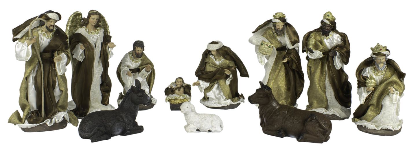 Nativity Scene Set with Fabric Clothing and Hand Painted Resin Figures, 11-Piece