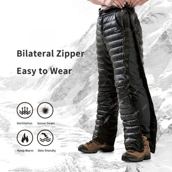 Insulated Down Pants with Full Leg Side Zippers and Goose Down Fill for Winter Hiking