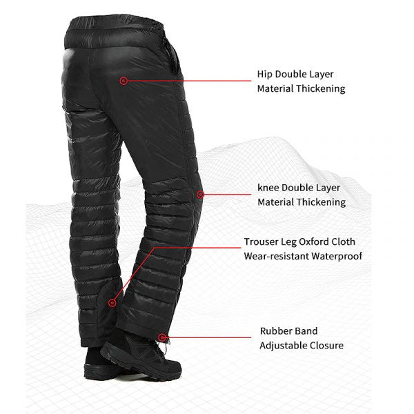 Insulated Down Pants with Full Leg Side Zippers and Goose Down Fill for Winter Hiking