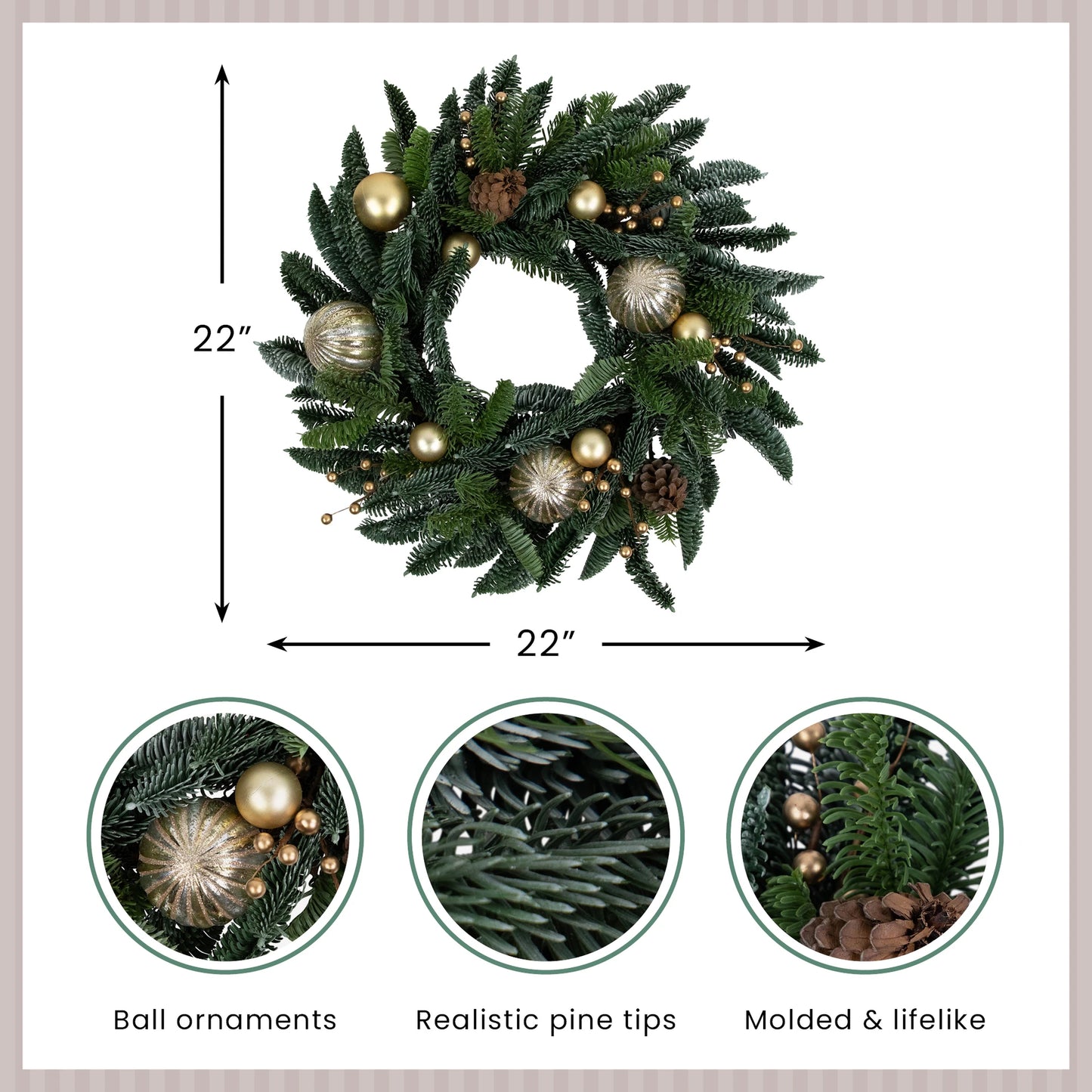 Artificial Christmas Wreath with Gold Ornaments and Real Pine Cones, 22 Inch