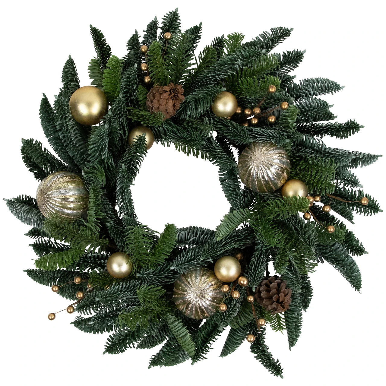 Artificial Christmas Wreath with Gold Ornaments and Real Pine Cones, 22 Inch