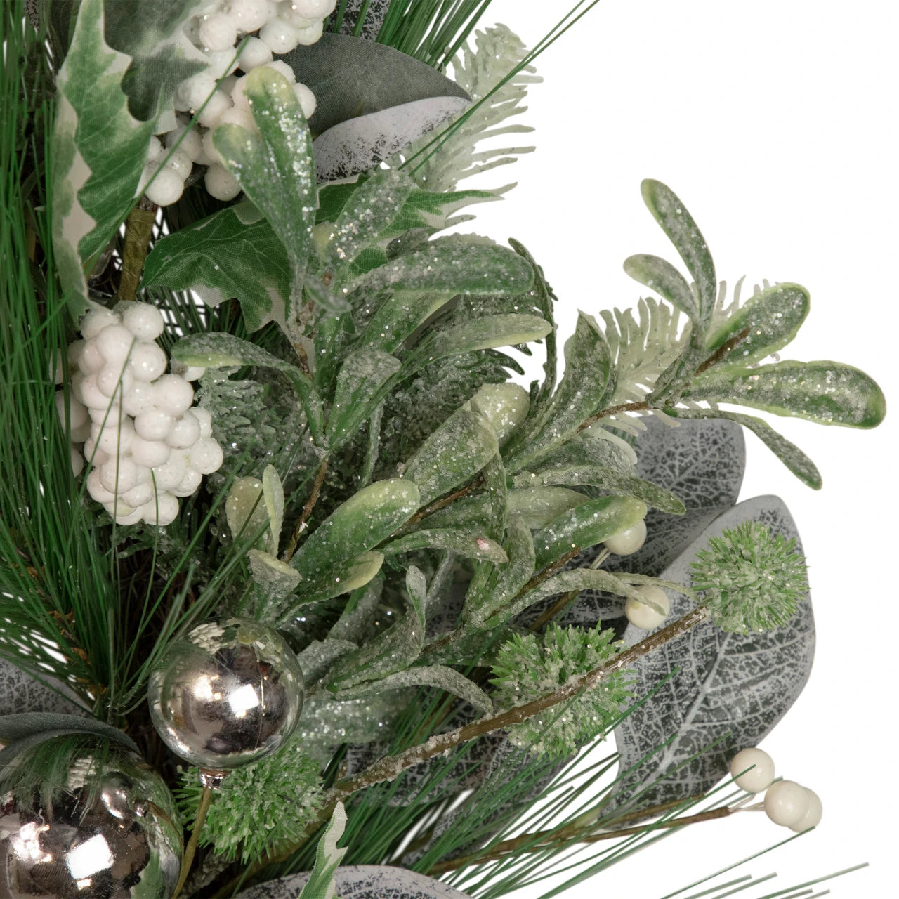 Frosted Christmas Wreath with Pine Branches and White Berries, 24 Inch
