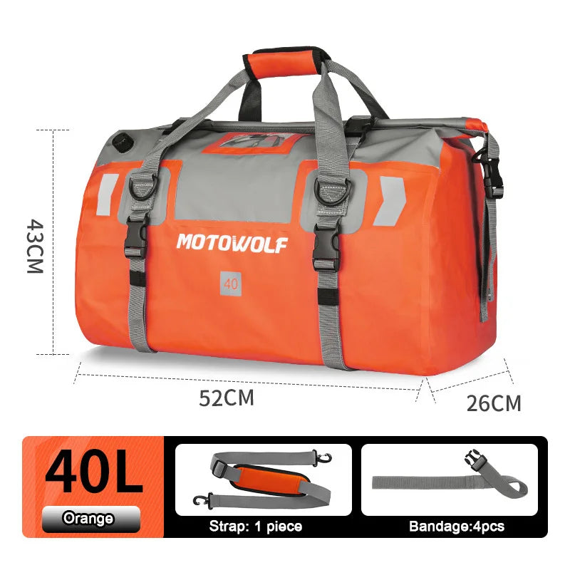 Roll Top Tail Bag with Reflective Strips and Convertible Carry Straps, 40L and 66L