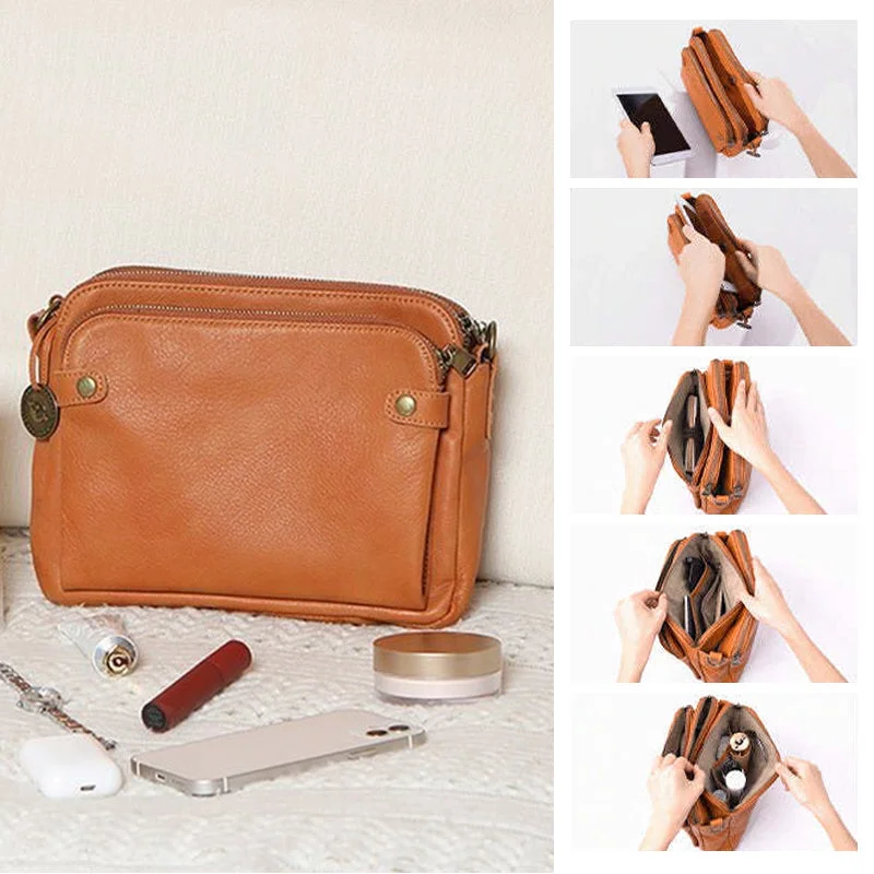 Full-Grain Leather Crossbody Bag with Detachable Strap and Card Slots, Fits 10in Tablet