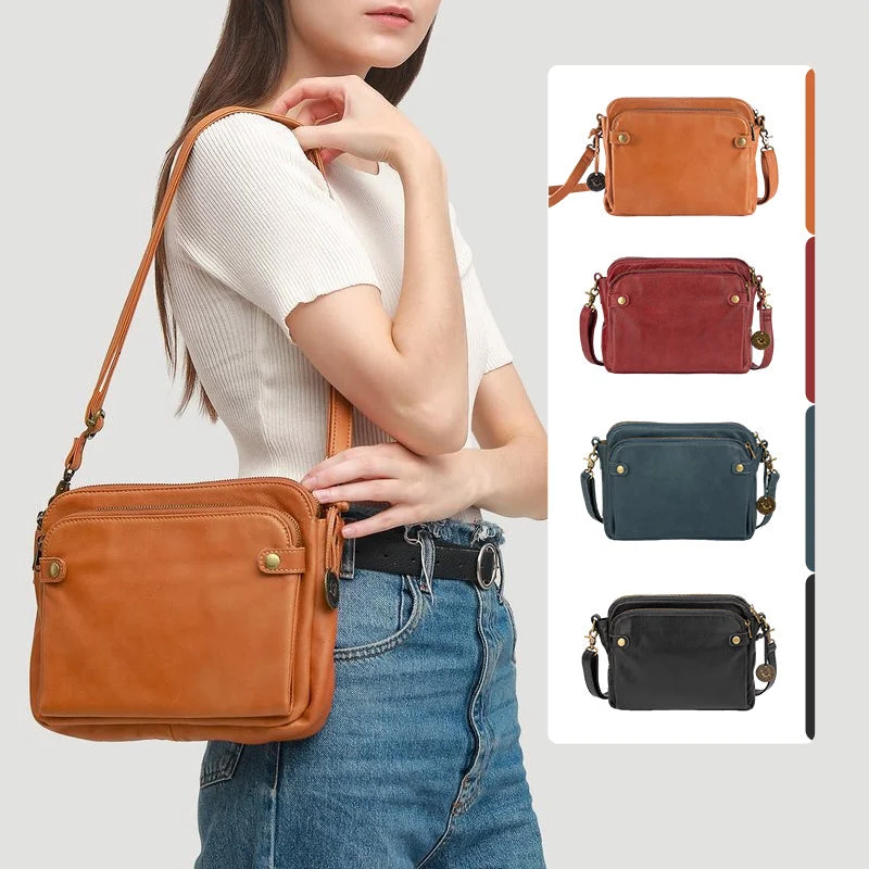 Full-Grain Leather Crossbody Bag with Detachable Strap and Card Slots, Fits 10in Tablet