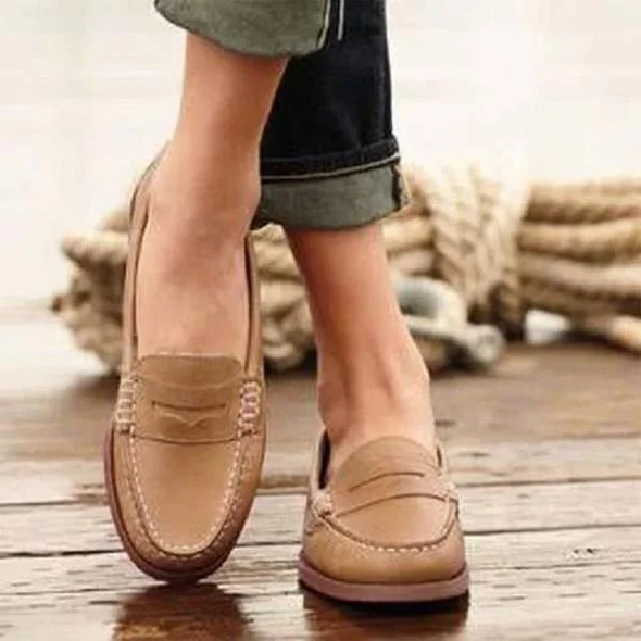 Slip-On Loafers with Low Heel and Cushioned Insole, PU Leather Upper