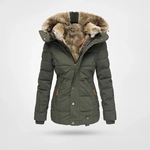 Womens Quilted Winter Coat with Faux Fur Lined Hood and Adjustable Drawstrings