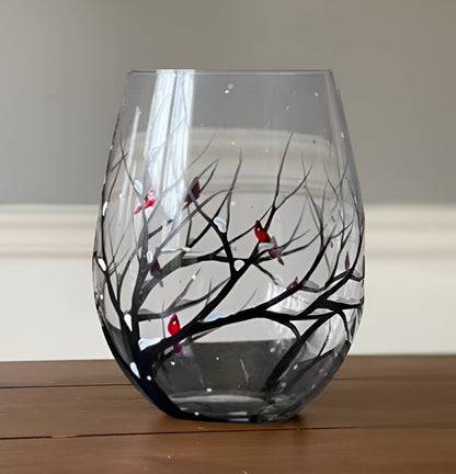 Hand Painted Wine Glasses with Seasonal Tree Artwork, Dishwasher Safe