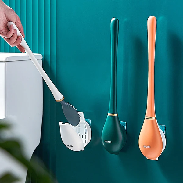 Flat Head Toilet Brush with Silicone Nubs and Wall Mount Holder