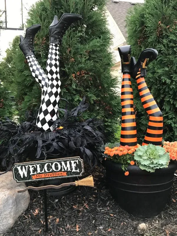 Witch Leg Yard Stakes with Striped Resin Design and Golden Buckle Boots, Set of 2