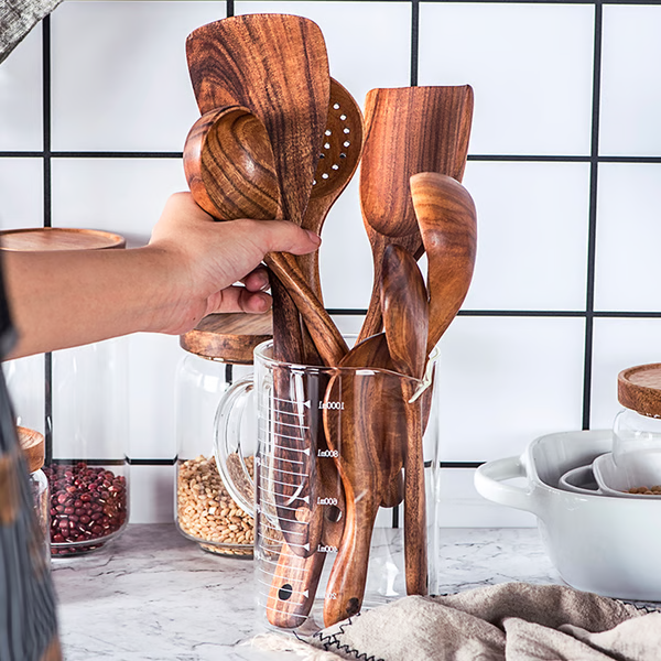 Teak Wood Kitchen Utensils Set with 8-Piece Cooking Tools and Heat-Resistant Handle