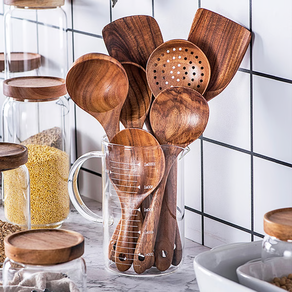 Teak Wood Kitchen Utensils Set with 8-Piece Cooking Tools and Heat-Resistant Handle