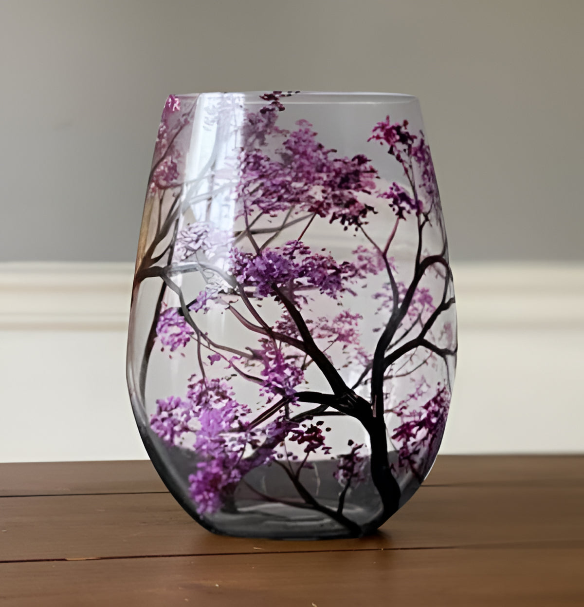 Hand Painted Wine Glasses with Seasonal Tree Artwork, Dishwasher Safe