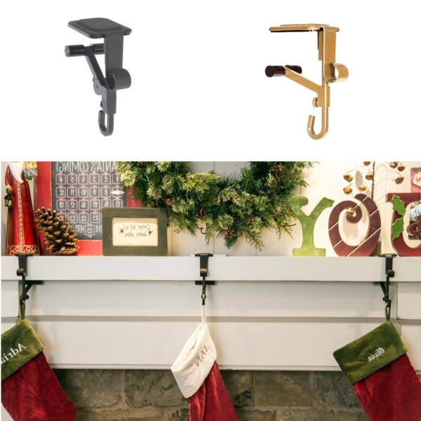 Mantel Stocking Holder with Cantilever Grip and Dual Hooks, Adjustable 0.5-8.5in