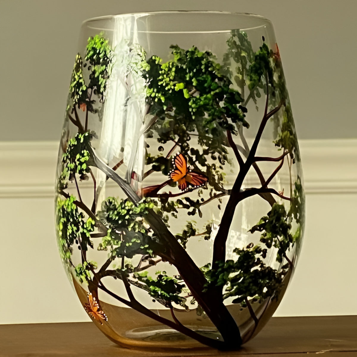 Hand Painted Wine Glasses with Seasonal Tree Artwork, Dishwasher Safe