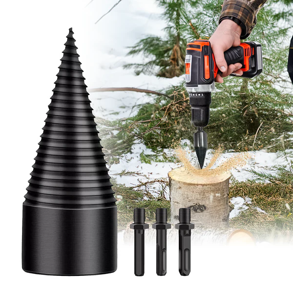 Firewood Drill Bit with Threaded Splitting Head and Three Interchangeable Shanks