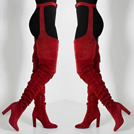 SJBackyard Women Faux Suede Thigh High Heel Slouch Boots
