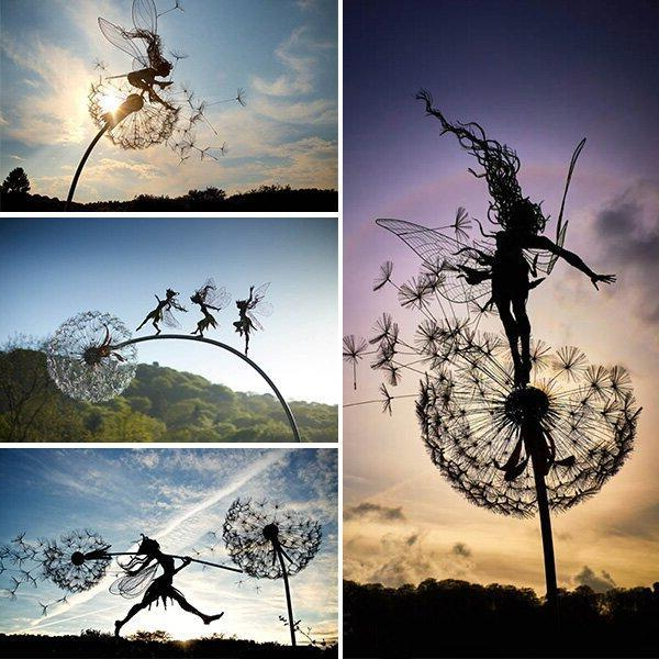 Metal Fairy Garden Stake with Dandelion Design, 25-45 Inches Tall