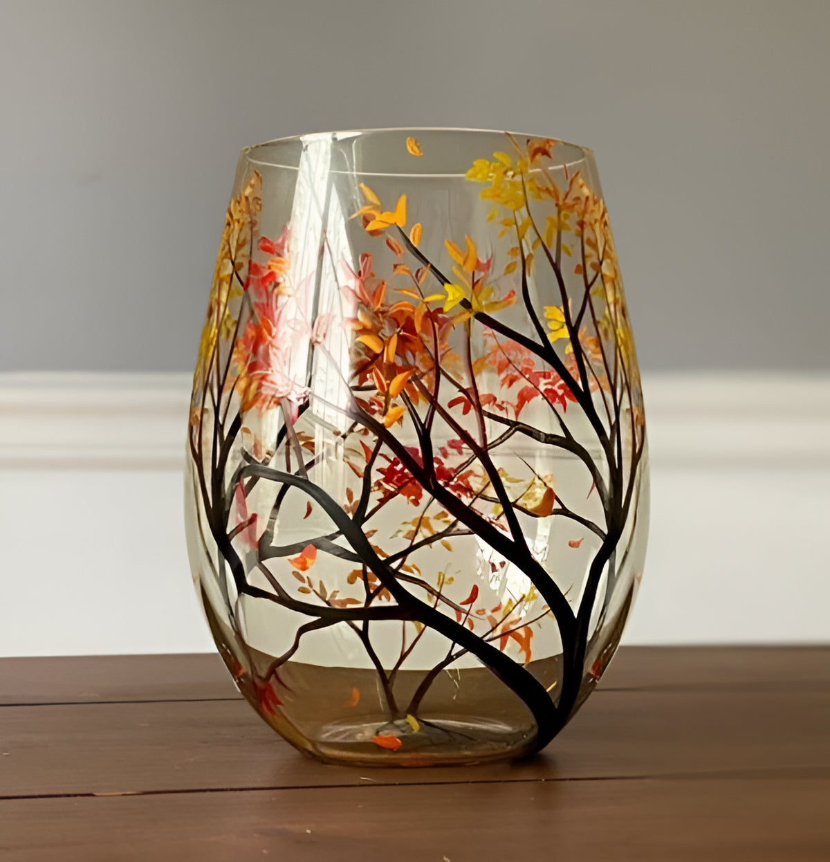 Hand Painted Wine Glasses with Seasonal Tree Artwork, Dishwasher Safe