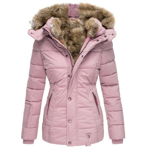 Womens Quilted Winter Coat with Faux Fur Lined Hood and Adjustable Drawstrings