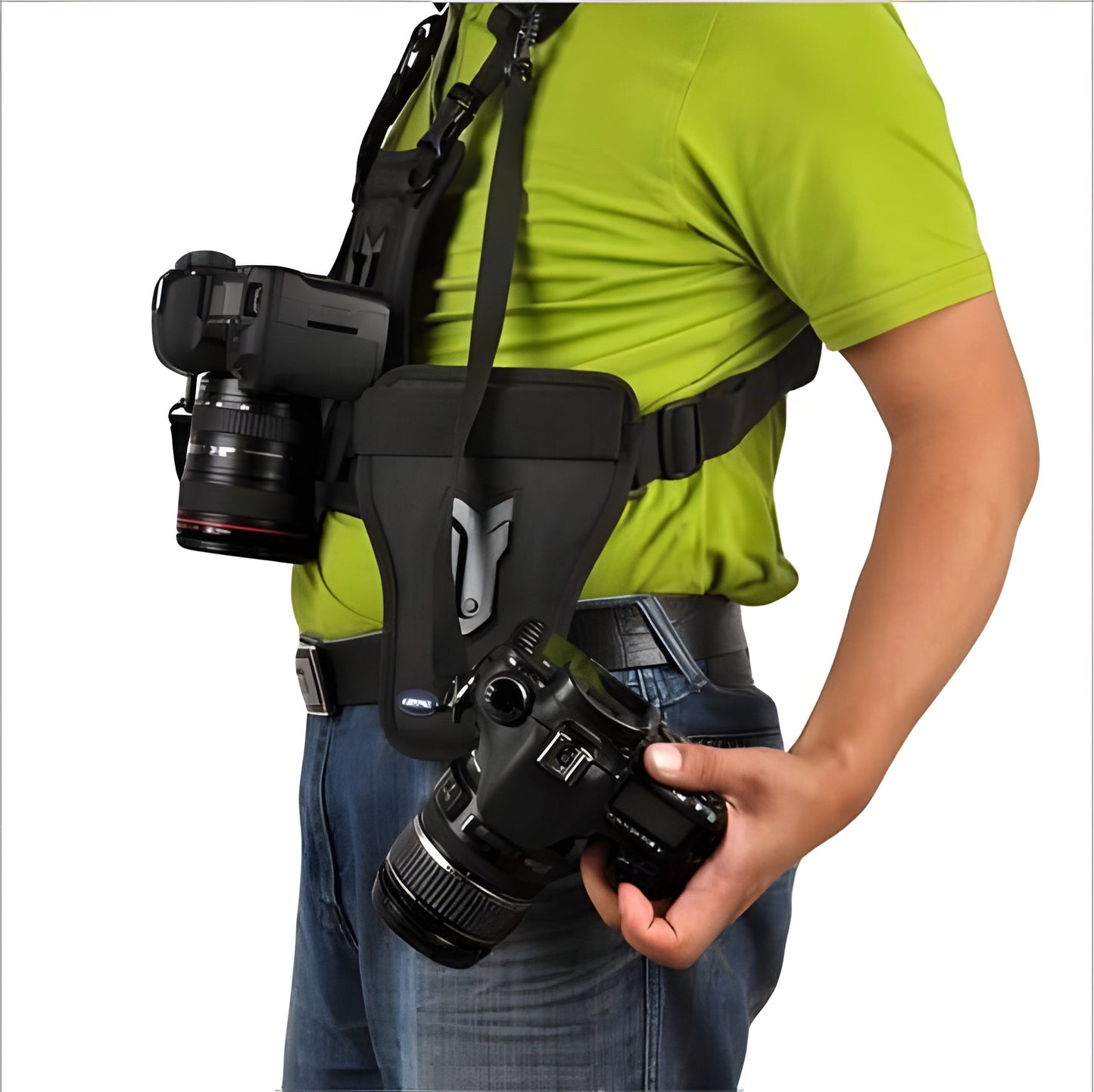 Camera Chest Harness with Dual Mount and Side Holster for Hands-Free Carrying