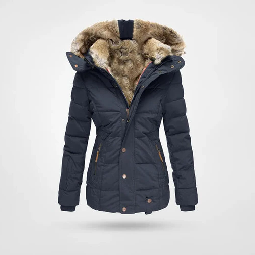 Womens Quilted Winter Coat with Faux Fur Lined Hood and Adjustable Drawstrings