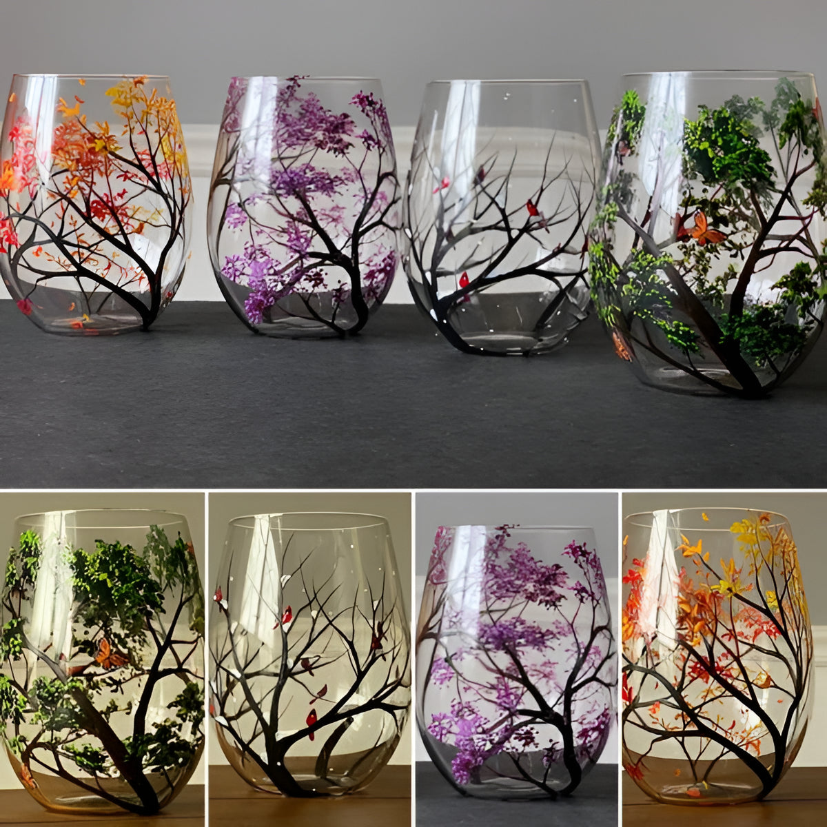Hand Painted Wine Glasses with Seasonal Tree Artwork, Dishwasher Safe