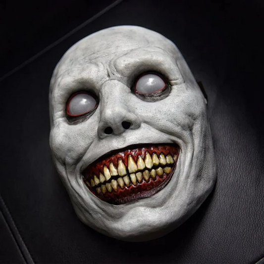 Full Face Smiling Demon Mask with Wide Grin and White Eyes for Halloween Costumes