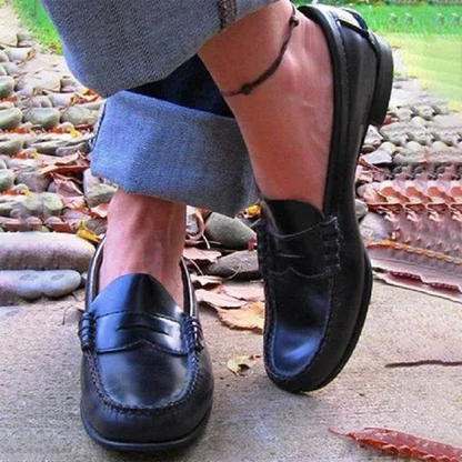 Slip-On Loafers with Low Heel and Cushioned Insole, PU Leather Upper