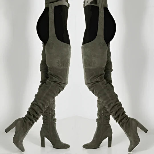 SJBackyard Women Faux Suede Thigh High Heel Slouch Boots