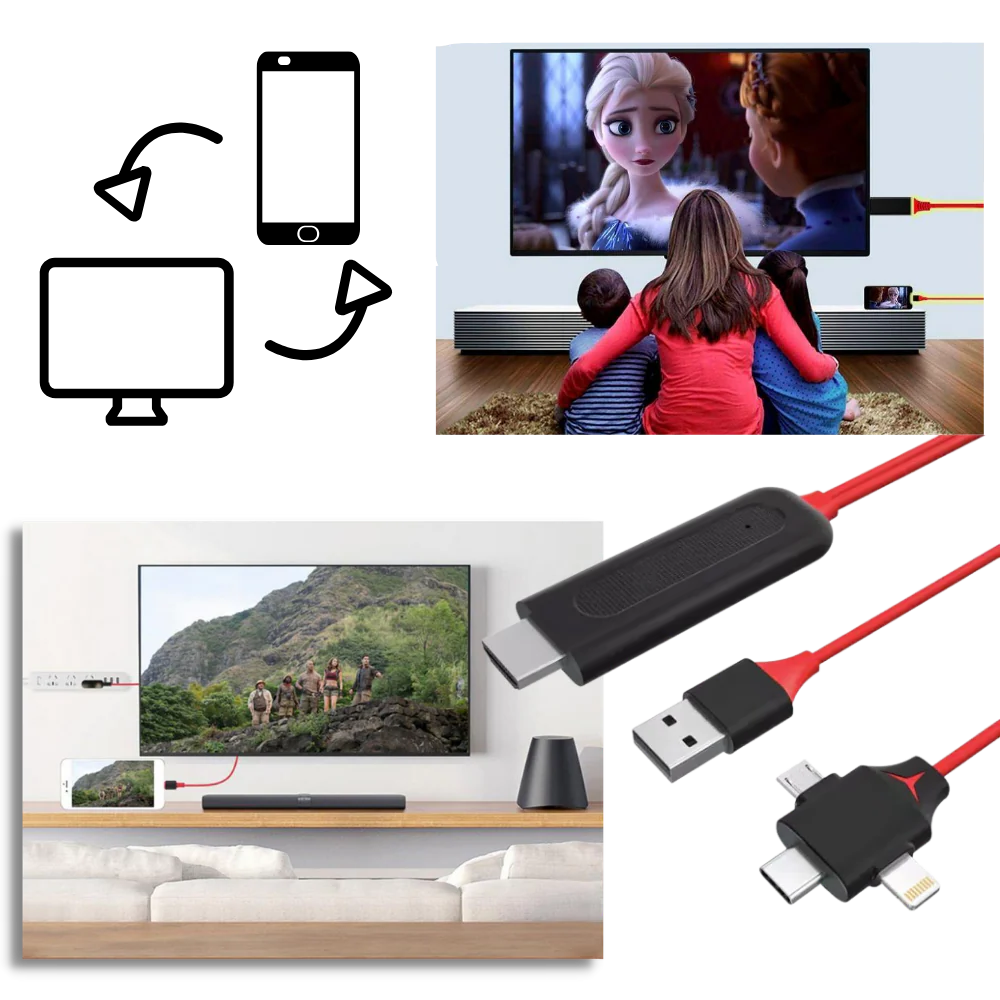Mobile Screen to TV HDMI Adapter with Three Device Tips and Power Cable