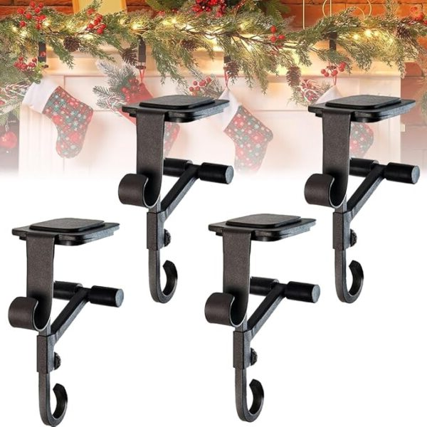 Mantel Stocking Holder with Cantilever Grip and Dual Hooks, Adjustable 0.5-8.5in