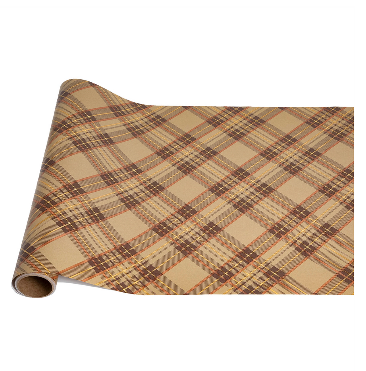 Brown and gold plaid paper table runner roll, 20 inches by 25 feet