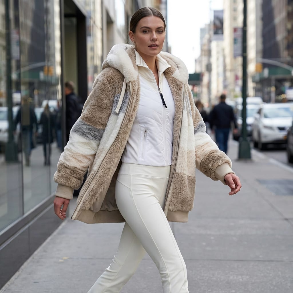 Faux Fur Coat with Double Layer Insulation and Adjustable Hood, Oversized Fit
