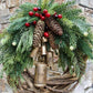 Farmhouse Christmas Wreath for Front Door, Handmade Boho Holiday Wreath with Pinecones and Bells
