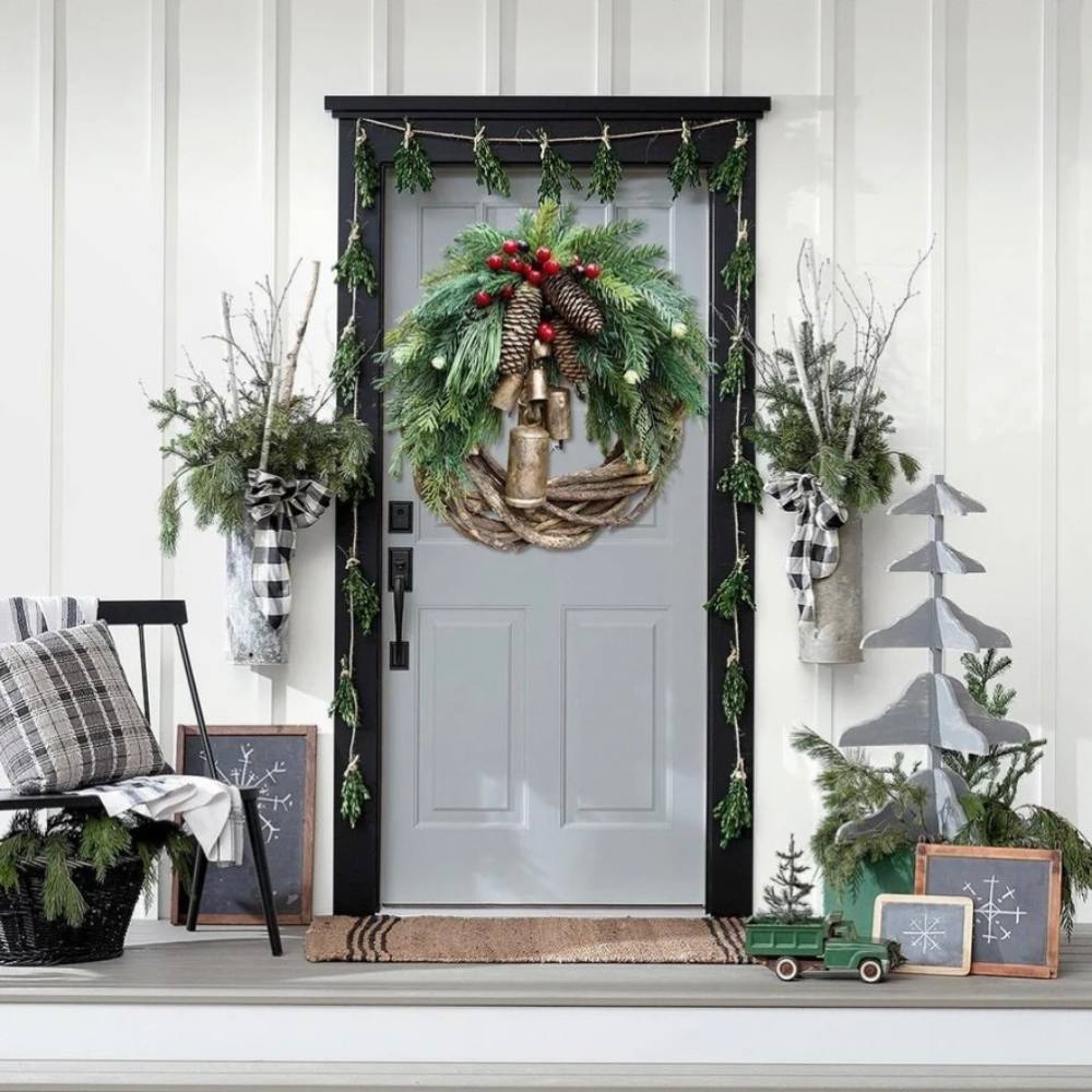 Farmhouse Christmas Wreath for Front Door, Handmade Boho Holiday Wreath with Pinecones and Bells