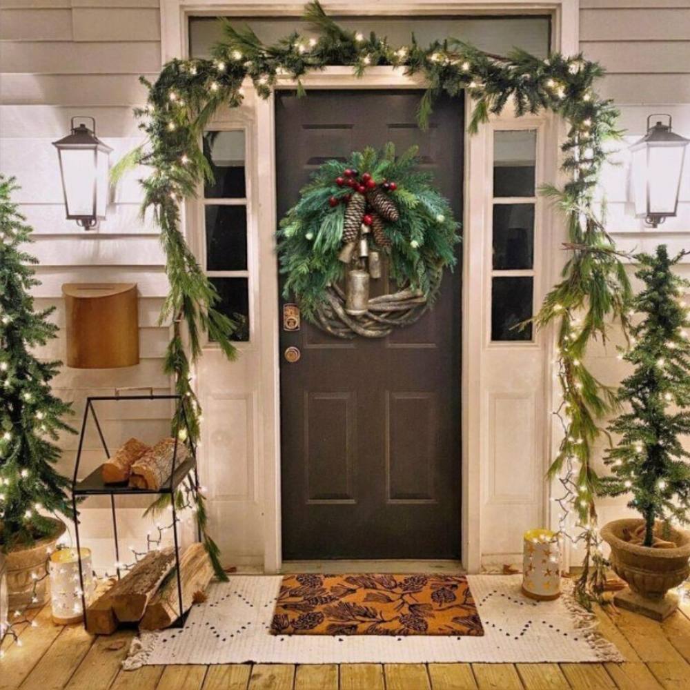 Farmhouse Christmas Wreath for Front Door, Handmade Boho Holiday Wreath with Pinecones and Bells
