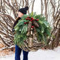 Farmhouse Christmas Wreath for Front Door, Handmade Boho Holiday Wreath with Pinecones and Bells
