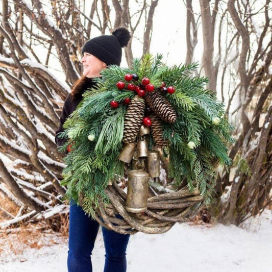 Farmhouse Christmas Wreath for Front Door, Handmade Boho Holiday Wreath with Pinecones and Bells