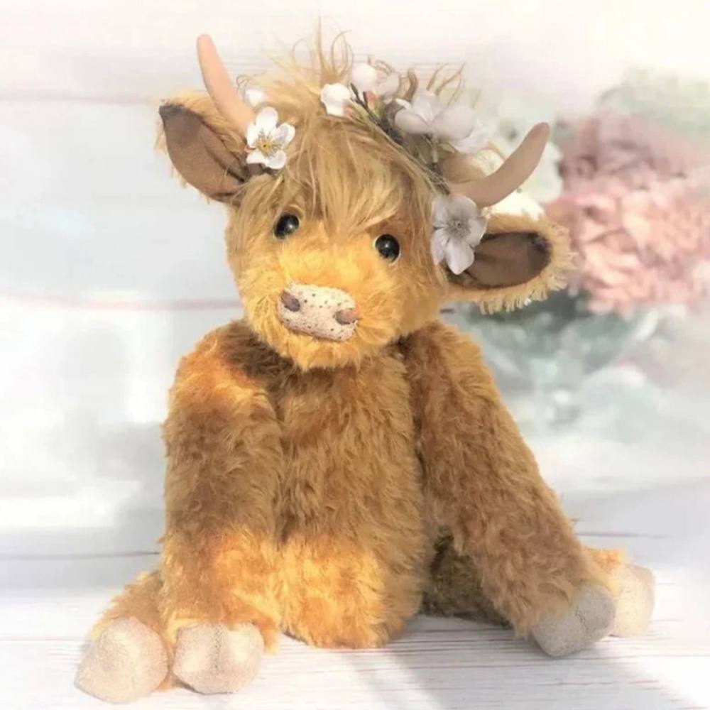 Handcrafted Highland Cow with Floral Crown Figurine