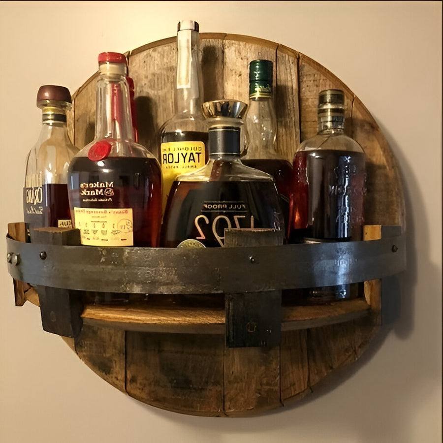 Bourbon Whiskey Barrel Shelf for Home Bars, Rustic Oak Display by Mygametables