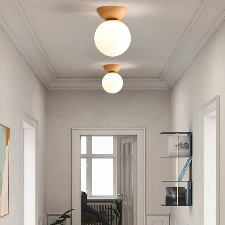Glass Globe Ceiling Light, Wood Grain Design