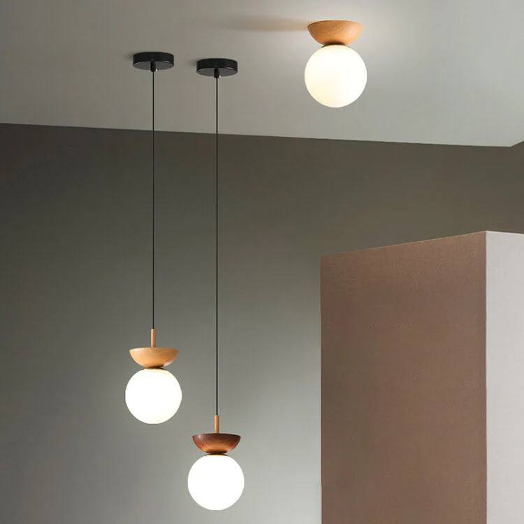 Glass Globe Ceiling Light, Wood Grain Design