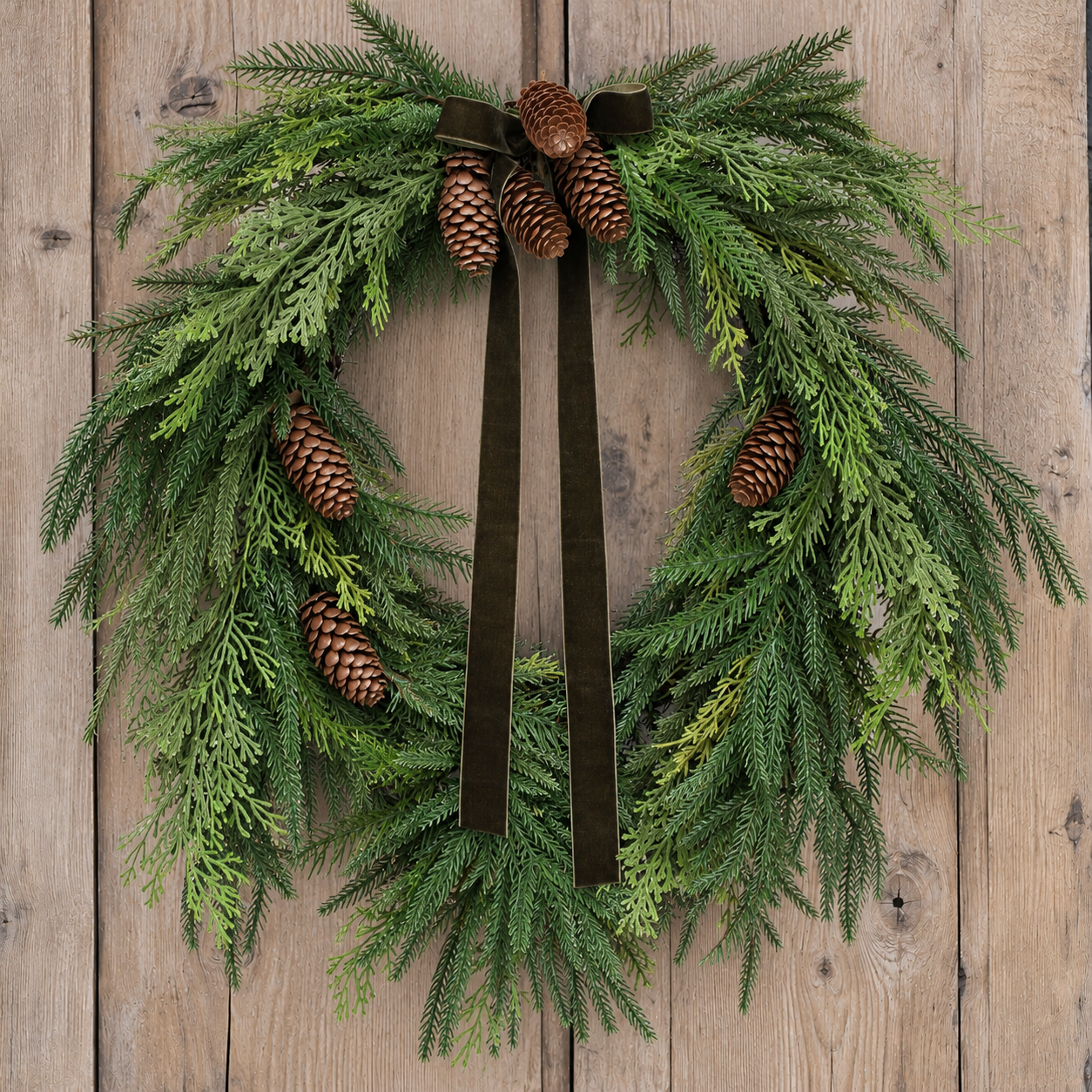 24" Holiday Heart Pine Wreath with Green Ribbon - Interior Delights