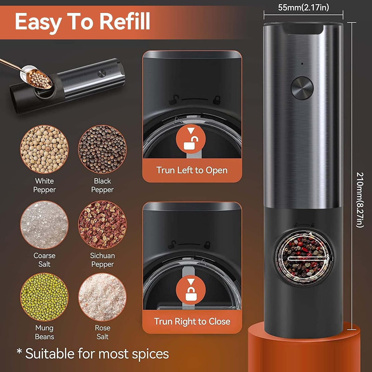 Rechargeable Electric Salt and Pepper Mill Set-Black-Nora Luxe