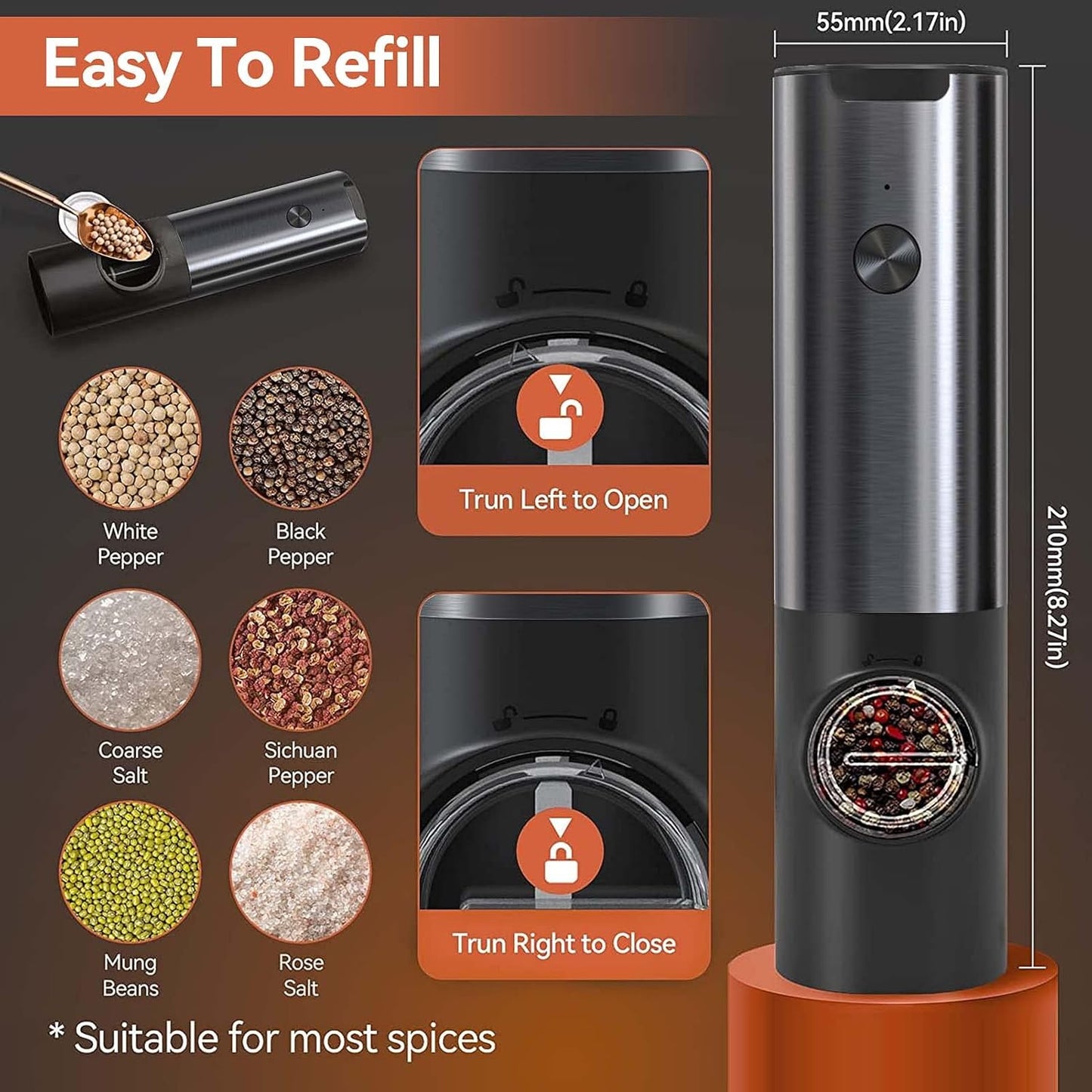Rechargeable Electric Salt and Pepper Mill Set-Black-Nora Luxe