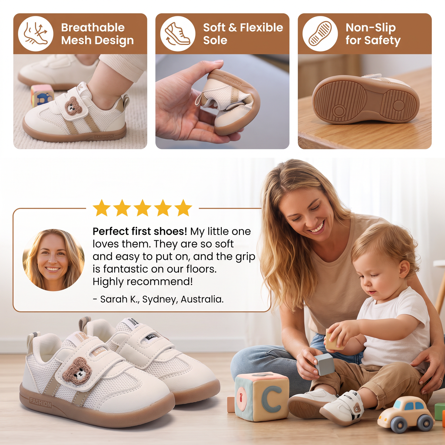 First Walker Shoes with Flexible Sole and Non-Slip Bottom, Breathable Upper