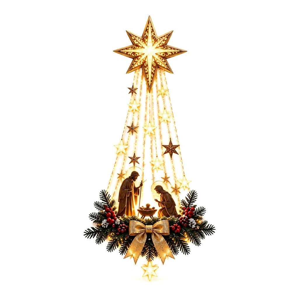 Holy Family Nativity Wall Decoration with Warm White Star Lights and Pine Accents