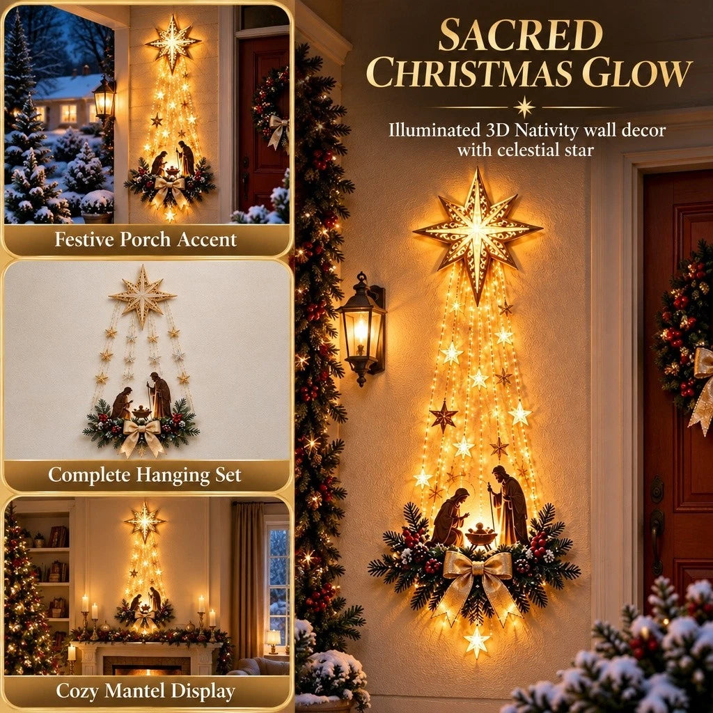 Holy Family Nativity Wall Decoration with Warm White Star Lights and Pine Accents